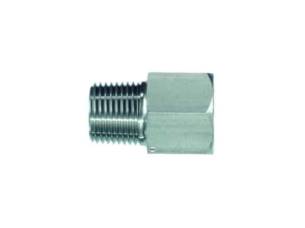 3/8 inch NPT male to 1/2 inch BSPP fixed female red adapter
