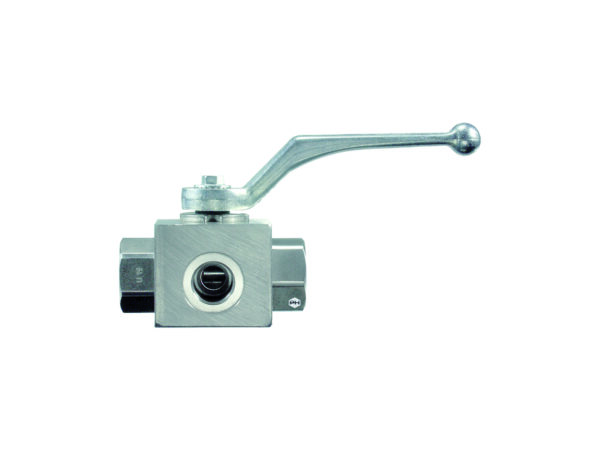1/4 in BSP fem three way H/P b.valve POM & NBR seals-L bore
